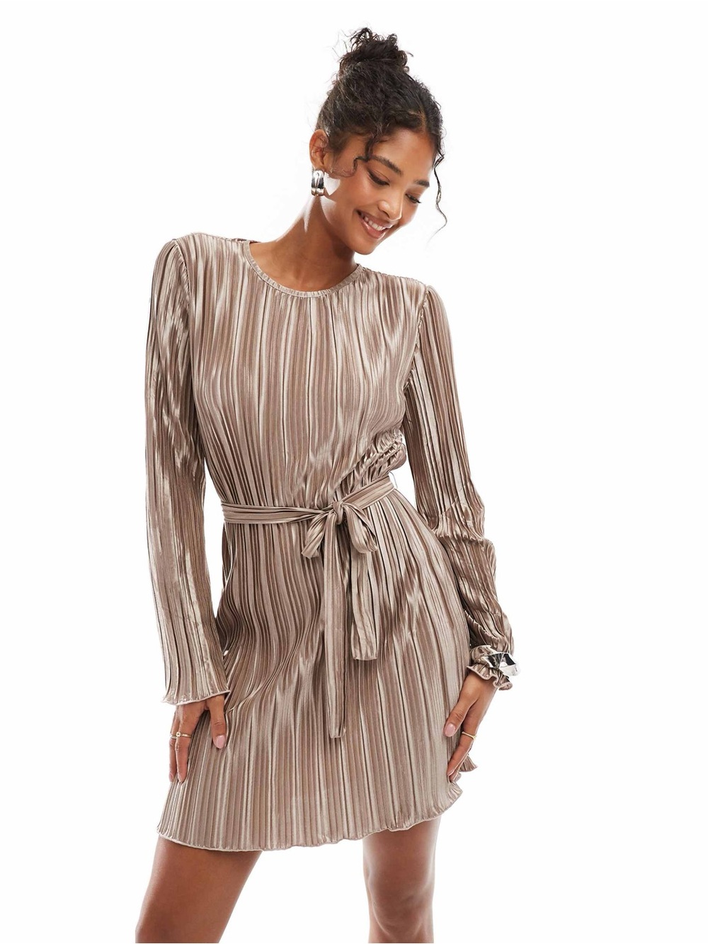 ASOS Vero Moda tie waist plisse mini dress in gold